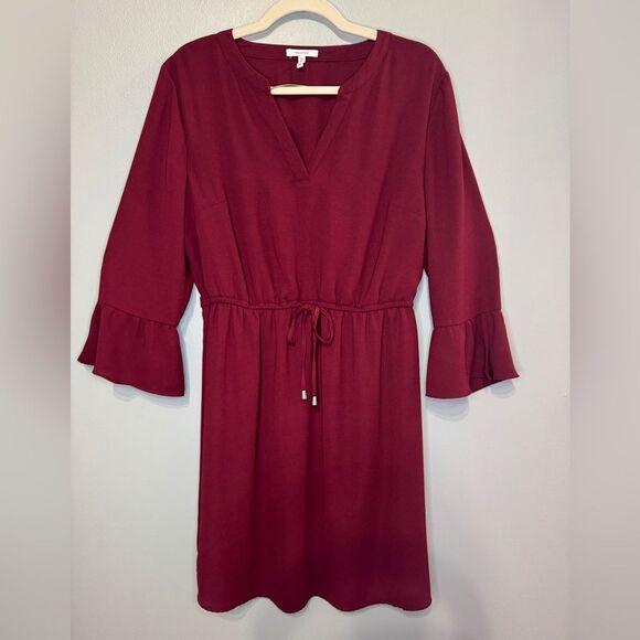 Maurice’s Maroon V-neck Tie Waist Bell Sleeve Midi Dress size Medium‎ - Picture 1 of 5